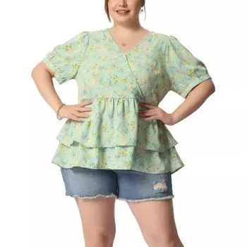 Женская блузка большого размера с цветочным принтом, многослойные расклешенные края, повседневные топы с баской Agnes Orinda, зеленый