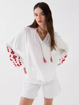 Женская блузка большого размера с длинными рукавами и завязками на воротнике с вышивкой LCW Casual