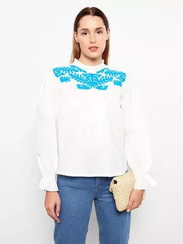 Женская блузка большого размера с высоким воротником и вышивкой, длинными рукавами LCW Modest