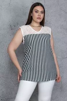 Женская блузка большого размера в зеленую кружевную полоску 65n25567 ans, зеленый