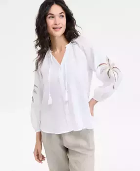 Женская блузка из 100% льна с вышивкой Charter Club, белый