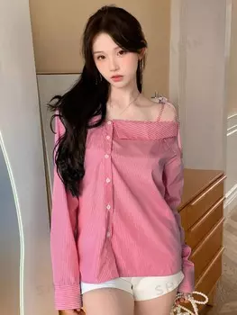 Женская блузка из 1 предмета, узор в полоску, приталенный крой, открытая горловина, длинные рукава Dazy, красный