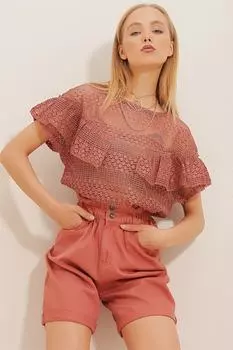Женская блузка из гипюра с оборками и круглым вырезом цвета пыльной розы Trend Alaat Stili, розовый
