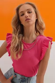 Женская блузка из хлопчатобумажной ткани с воротником фуксии и цепочкой с детальными рукавами принцессы Trend Alaat Stili, розовый