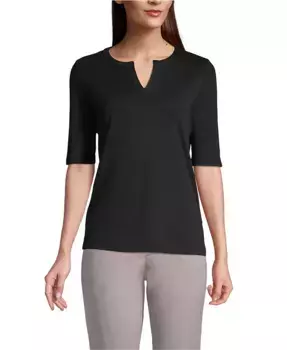 Женская блузка из хлопка и полиэстера Modern с коротким рукавом и разрезом на горловине Lands' End, серый