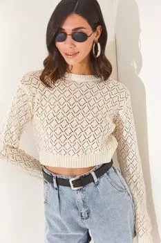 Женская блузка из хлопкового трикотажа цвета экрю с небольшим ромбовидным узором Olalook