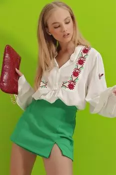 Женская блузка из льняной ткани с воротником цвета экрю и рукавами с вышивкой Trend Alaat Stili