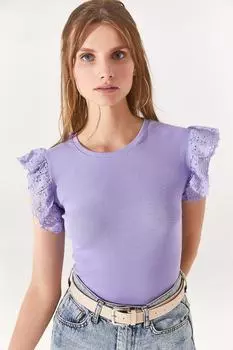 Женская блузка из лайкры и хлопка с сиреневыми рукавами и зубчатым краем Olalook, фиолетовый