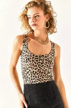 Женская блузка из лайкры с леопардовым норком и норкой спереди, двухслойная с квадратным воротником Olalook, коричневый