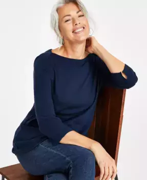 Женская блузка из пима-хлопка с 3/4 рукавом и лодочкой, Regular & Petite Style & Co, синий
