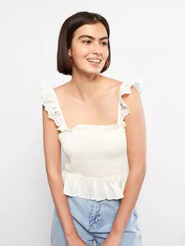 Женская блузка из поплина с квадратным воротником и вышитым ремешком LCW Casual