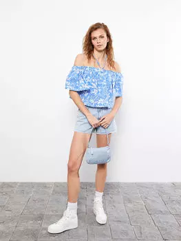 Женская блузка из поплина с вырезом лодочкой и узором с короткими рукавами LCW Casual