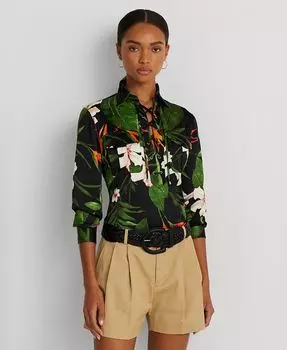 Женская блузка из шармеза с цветочным принтом и шнуровкой Lauren Ralph Lauren, черный