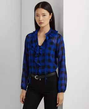 Женская блузка из жоржета с рюшами в клетку буйволового цвета Lauren Ralph Lauren, синий