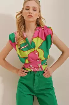 Женская блузка на пуговицах с двубортным воротником цвета фуксии Jesica Trend Alaat Stili, розовый