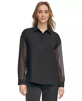 Женская блузка на пуговицах с шифоновыми рукавами Calvin Klein, черный