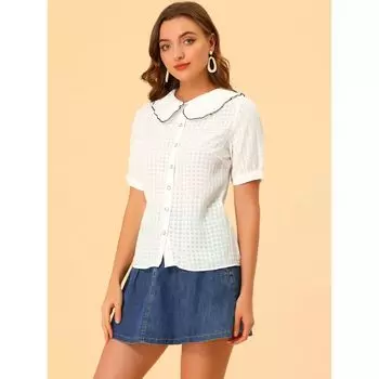 Женская блузка на пуговицах в клетку с воротником Питера Пэна и контрастной цветной отделкой, рубашка-рубашка ALLEGRA K, черный