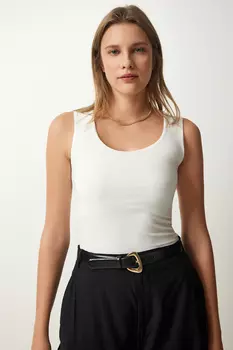 Женская блузка песочного цвета без рукавов цвета экрю Happiness stanbul