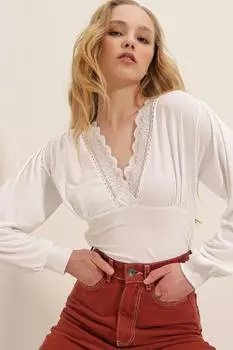 Женская блузка песочного цвета с белым воротником, кружевными рукавами и кнопками внизу, ALC-X7797 Trend Alaat Stili, белый