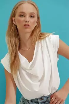 Женская блузка песочного цвета с набивным воротником цвета экрю ALC-X9318 Trend Alaat Stili