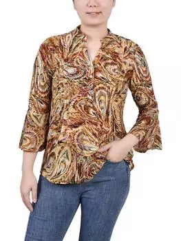 Женская блузка Petites с принтом и Y-образным вырезом NY Collection, цвет multi gray peacock