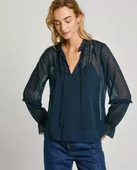 Женская блузка плюмети с воротником-стойкой Pepe Jeans, темно-синий