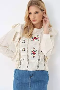 Женская блузка премиум-класса с вышивкой цвета экрю ALC-X5182 Trend Alaat Stili