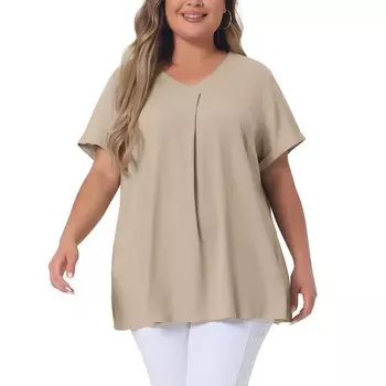Женская блузка размера плюс, повседневные топы из шамбре с V-образным вырезом и короткими рукавами Agnes Orinda, цвет Khaki