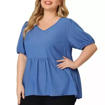 Женская блузка размера плюс с коротким рукавом и V-образным вырезом, топ с баской из шамбре Agnes Orinda, синий