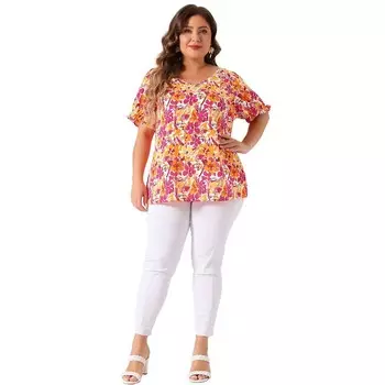 Женская блузка размера плюс, топ с цветочным принтом и V-образным вырезом, с рюшами и рукавами Agnes Orinda, белый