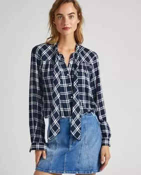 Женская блузка с бантом на шее и клетчатым принтом Pepe Jeans, темно-синий