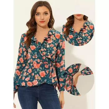 Женская блузка с баской и оборками на талии, длинными рукавами и цветочным принтом, с V-образным вырезом и запахом ALLEGRA K, темно-синий