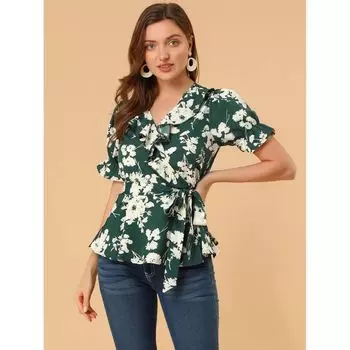Женская блузка с баской и рюшами и V-образным вырезом с цветочным принтом и короткими рукавами ALLEGRA K, желтый