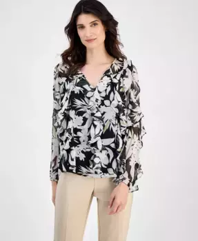 Женская блузка с цветочным принтом и рюшами Anne Klein, черный