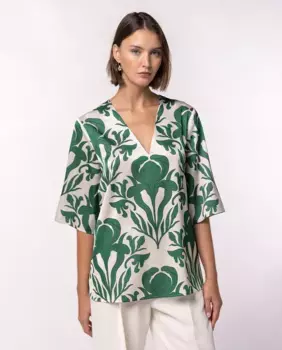 Женская блузка с цветочным принтом и V-образным вырезом Naulover, зеленый