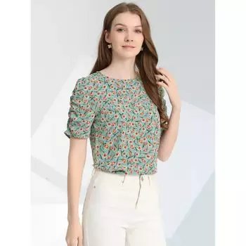 Женская блузка с цветочным принтом, повседневный топ с круглым вырезом и короткими рукавами ALLEGRA K, розовый