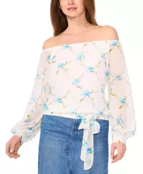 Женская блузка с цветочным принтом, с открытыми плечами, длинными рукавами и завязкой спереди Vince Camuto, слоновая кость/кремовый