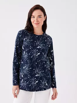 Женская блузка с длинным рукавом и круглым вырезом с цветочным принтом LCW Grace, темно-синий с принтом