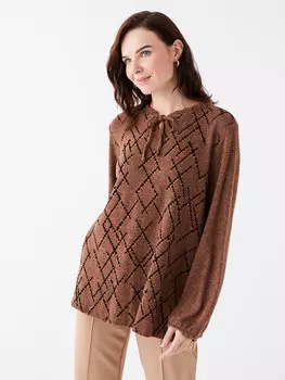 Женская блузка с длинным рукавом и воротником-стойкой с узором LCW Grace, коричневый меланж