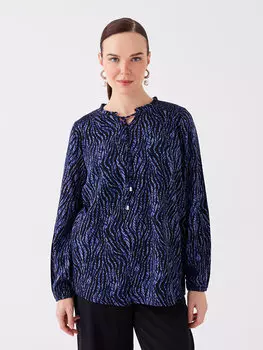 Женская блузка с длинным рукавом и воротником-стойкой с узором LCW Grace, темно-синий с принтом