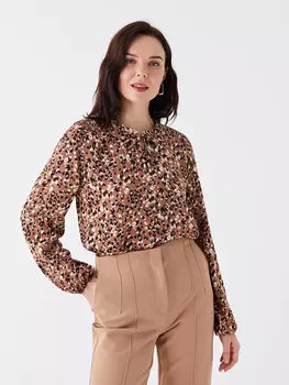 Женская блузка с длинным рукавом и воротником-стойкой с узором LCW Grace, бежевый с принтом