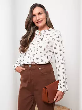 Женская блузка с длинным рукавом и воротником-стойкой с узором LCW Grace, бежевый с принтом