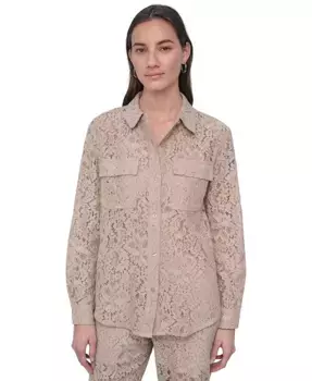 Женская блузка с длинным рукавом на пуговицах и кружевной отделкой DKNY Jeans, коричневый