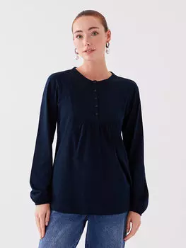 Женская блузка с длинным рукавом с круглым вырезом и вышивкой LCW Grace, темно-синий