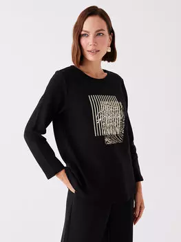 Женская блузка с длинным рукавом с круглым вырезом и принтом LCW Grace, черный