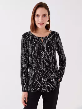 Женская блузка с длинным рукавом с круглым вырезом и рисунком LCW Grace, черный с принтом