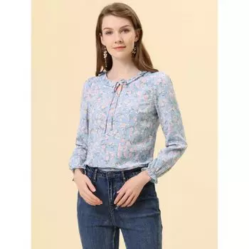 Женская блузка с длинным рукавом с круглым вырезом и рюшами и цветочным принтом ALLEGRA K, темно-розовый