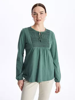 Женская блузка с длинным рукавом с завязочным воротником и вышивкой LCW Grace, сизый