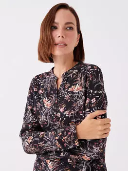 Женская блузка с длинным рукавом со свободным воротником и узором LCW Grace, черный с принтом 2