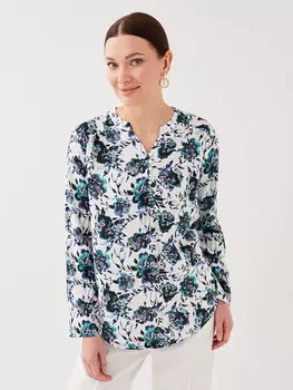 Женская блузка с длинным рукавом со свободным воротником и узором LCW Grace, экрю с принтом